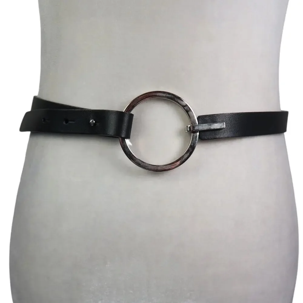 Vintage Talbots Black Leather Skinny Waist Belt Silver Circle Buckle